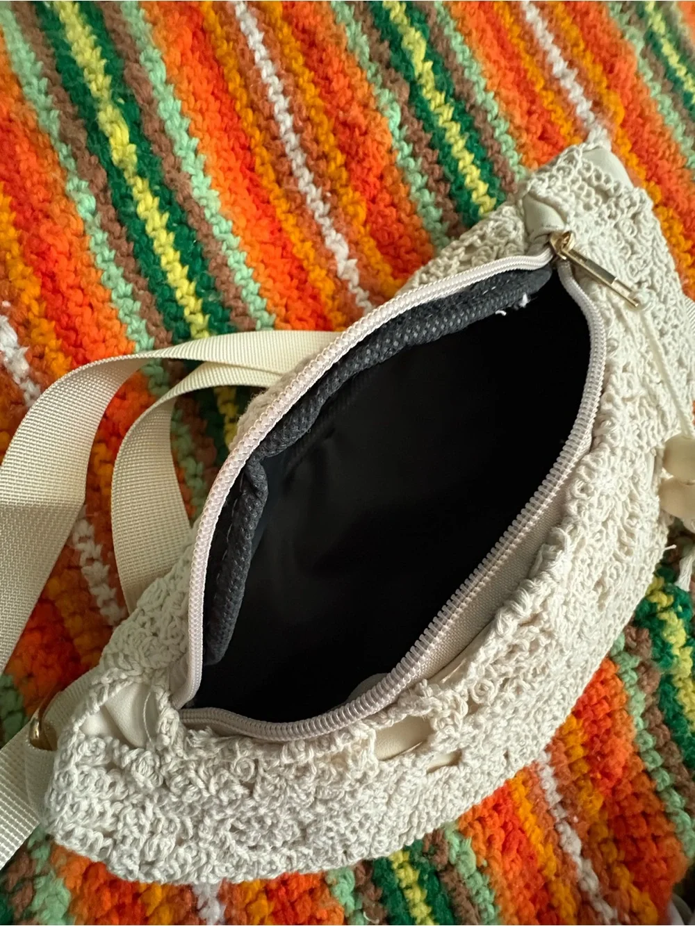 Crocheted Cream Crossbody Belt Bag with Tassel